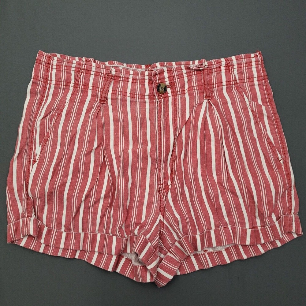American Eagle Red White Striped Linen Blend High Rise Pleated Shorts Womens 12